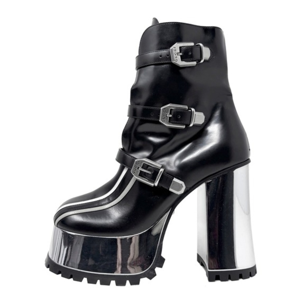 Gucci Black Leather Platform Ankle Boots Mirrored Heel FW22 Runway 38